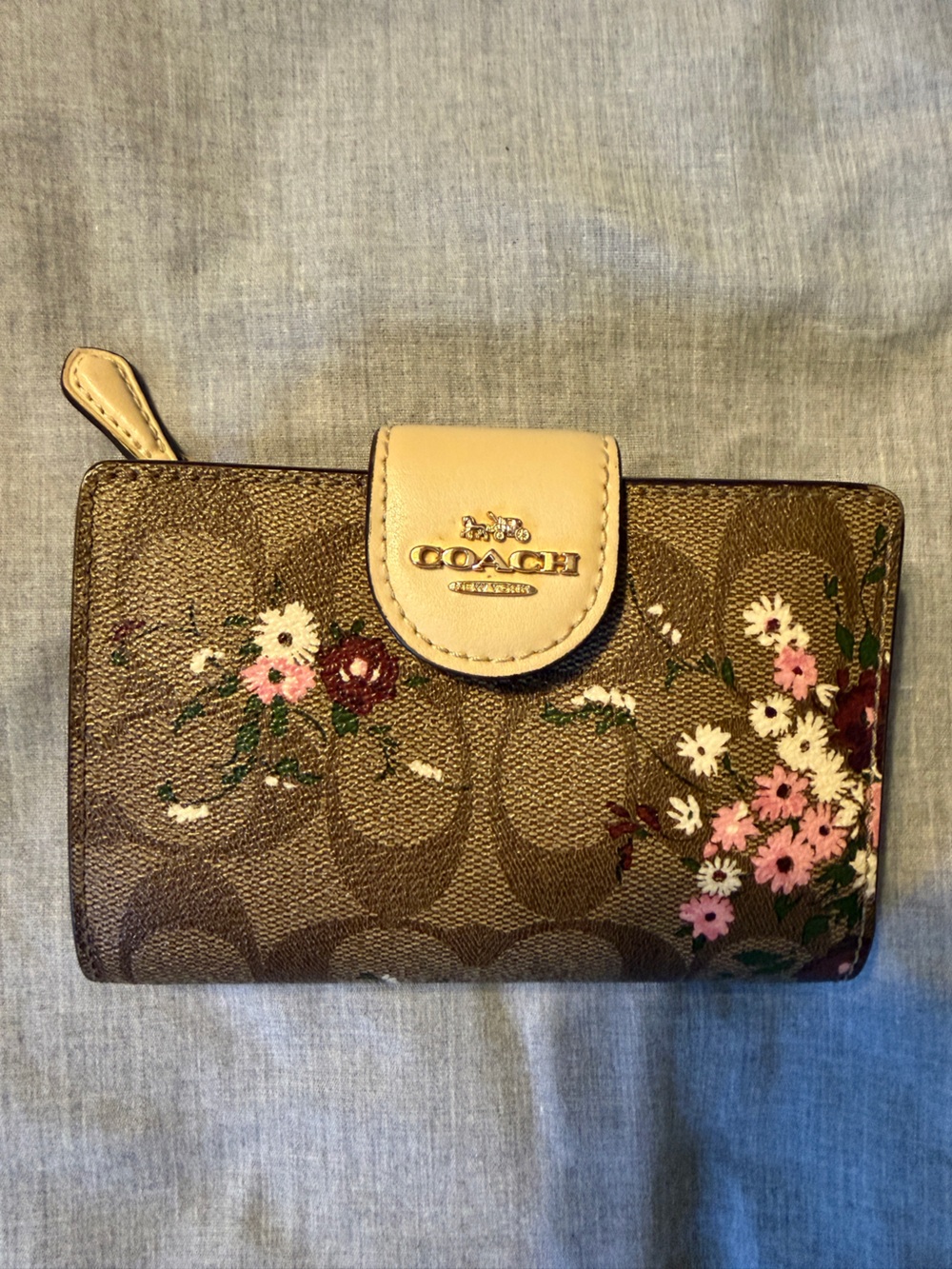 Coach Brown Signature Canvas Floral Wallet with Cream Snap